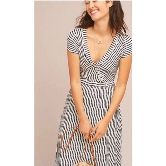 Maeve Anthropologie Paladino Black White Stripe Faux Wrap Midi‎ Dress Size Large - Picture 1 of 10